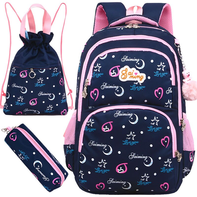 3 stk/sæt børn skoletaske søde piger rygsække udskrivning rejsetaske skoletaske nylon lynlås skoletasker: Dyb blå