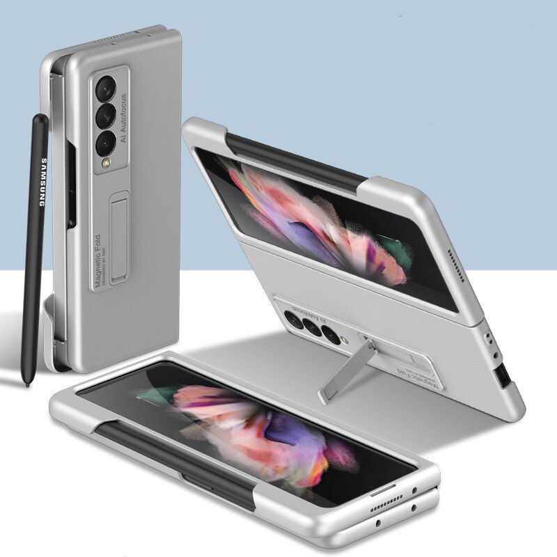 Coque rigide PC avec support à fente pour stylo, étui rigide avec béquille magnétique pour Samsung Galaxy Z Fold 3 5G: White Sliver