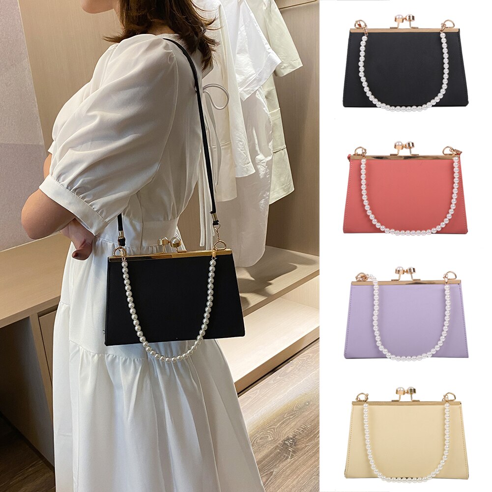 Casual PU Leather Clip Women's Shoulder Bags Pearl Handle Ladies Evening Clutch Purse Simple Solid Color Handbags