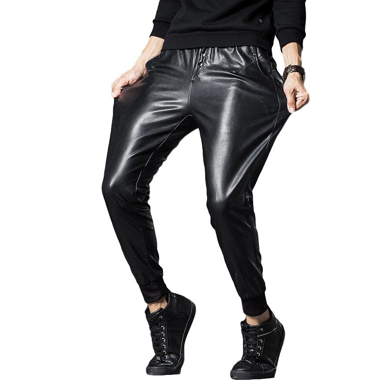 Idopy Men`s Faux Leather Joggers Pants Elastic Waist Motorcycle Biker Black PU Leather Soft Trousers