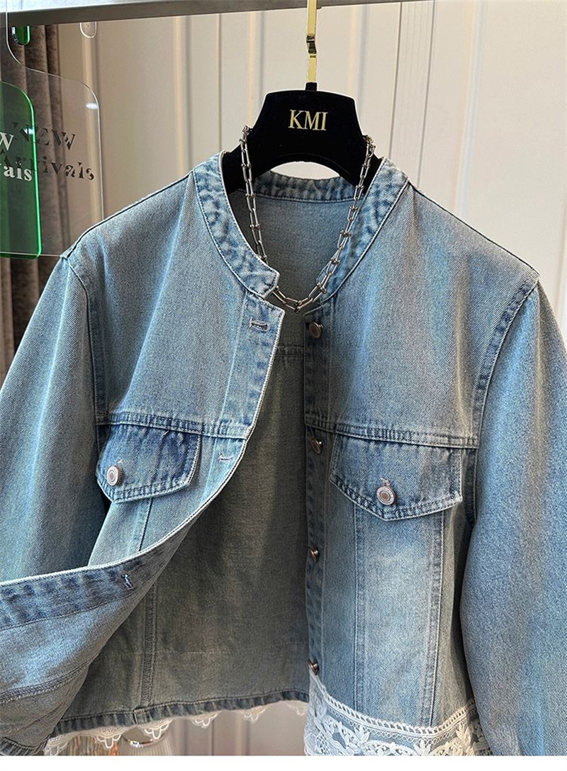 2022 Frühjahr neue Rundhalsausschnitt Saum Nähte Spitze Denim Mantel Bluse verlieren lässige oben
