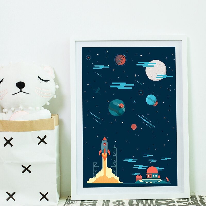 Space Theme Prints Planets Rocket Astronaut Cartoon Poster Moon Stars Nursery Wall Art Painting Boys Kids Room Wall Decor