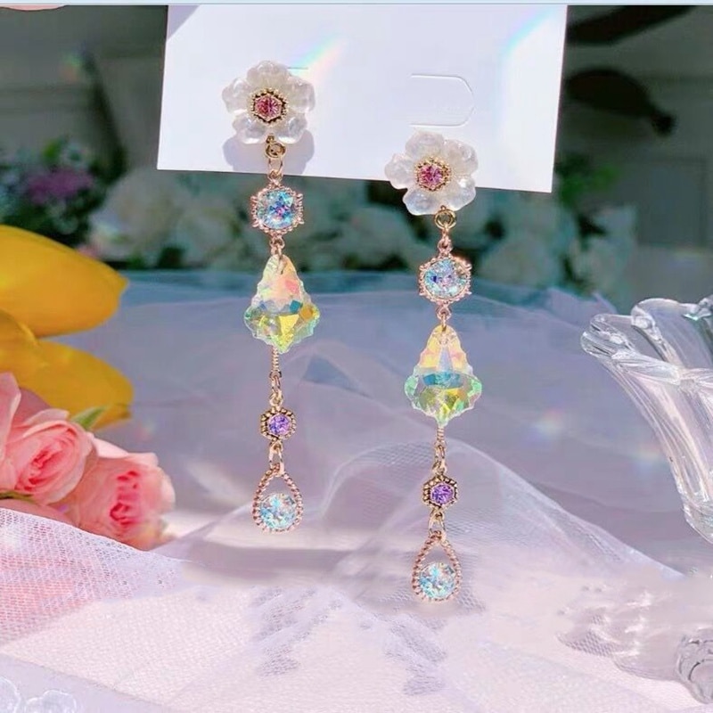 Mengjiqiao coreano moda acrílico flor waterdrop cristal dangle brincos para mulheres elegante pérola borla pendientes jóias