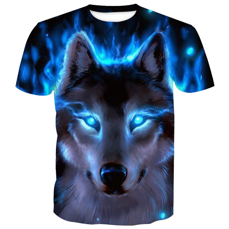 Burning blue flame graffiti wolf print fun short sleeve T-shirt: M