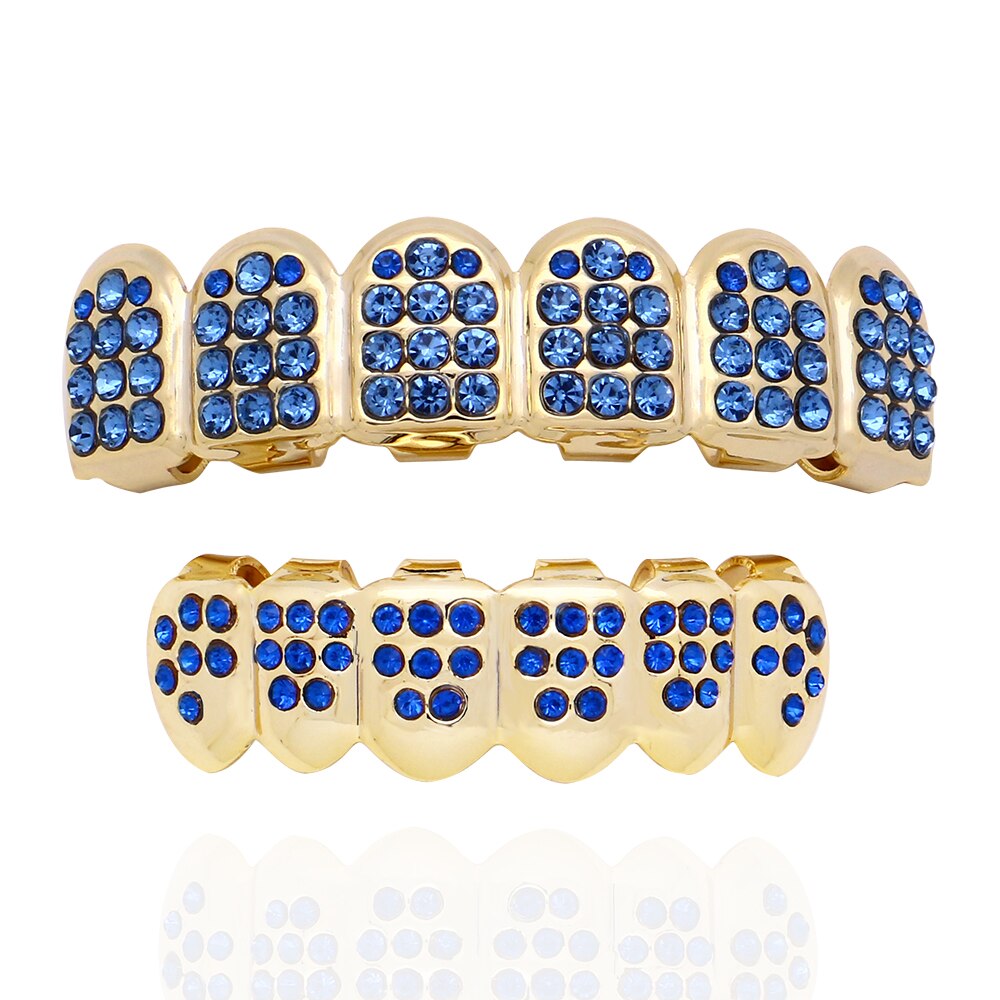 LuReen Bunte Kristall Zähne Grillz oben Unten CZ Gold grillen Zahn Hüfte hüpfen Halloween Zähne Kappen Grill Mund Körper Schmuck: blau
