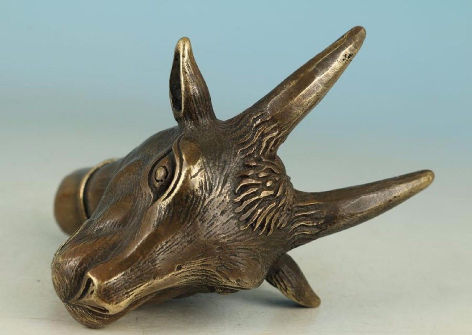 Collect Bronze Handmade Carving goat Head sheep head Cane Walking Stick Head Statue