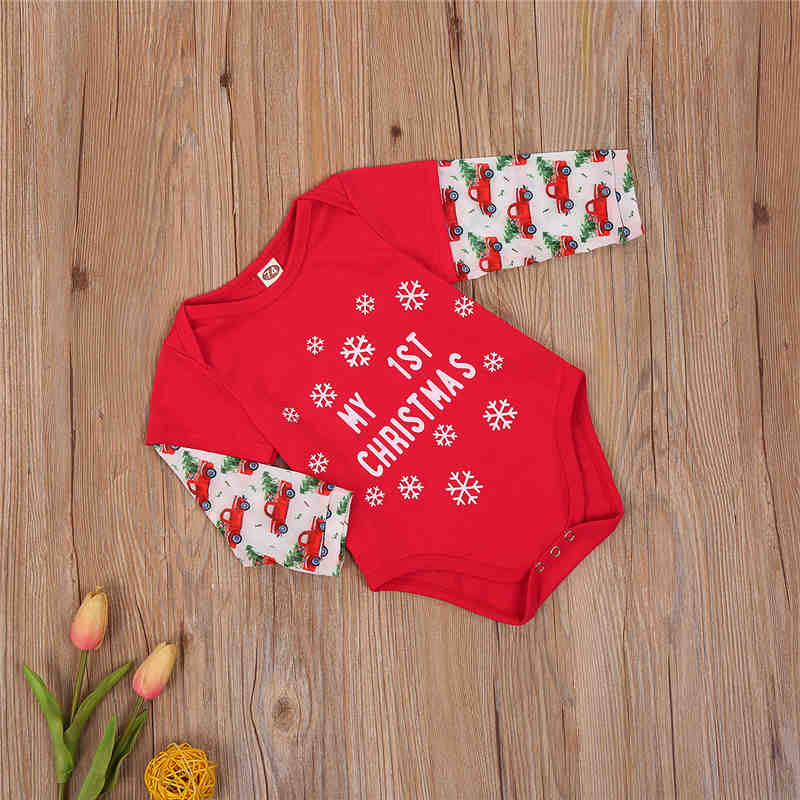 Del bambino Del bambino Delle Ragazze Dei Ragazzi La Mia Prima Di Natale auto pinta superiore Rosso Neve Pagliaccetto 0-18M Del bambino Di Stampa Di Natale tuta