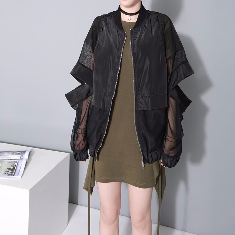 Korealaistyyliset naiset löysä musta pusero mesh pitkät hihat kyynärpää ontto viileä erityinen naisellinen paita chemise femme 1702