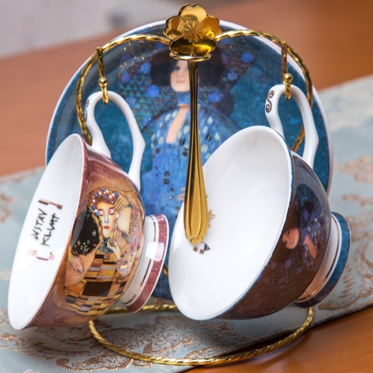 Klimt oljemaleri fint bein Kina te kaffekopp og tallerken sett: 2 kopp og hylle