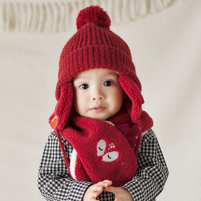 Set van 2 winterse babymutsen, sjaals en mutsen met pompons voor kinderen, voor meisjes en jongens, met fleecevoering en mutsen voor kinderen.