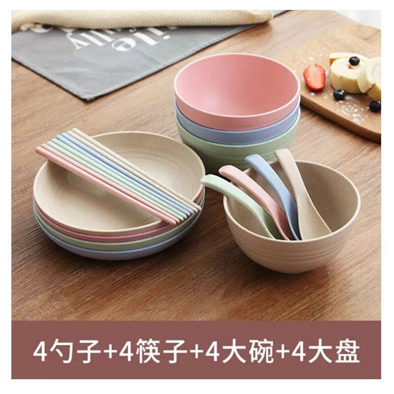 4pcs/Set Wheat Straw Tableware Set Cutlery Baby Children Dishware Simple Dishes Salad Bowl Steak Plate Dinnerware: A12  A2 4Sp A4 4chop