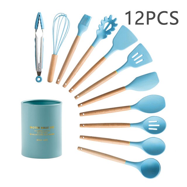 12 pièces/ensemble Silicone ustensiles de cuisine cuisson antiadhésive spatule pelle pinces soupe louche manche en bois inox boîte de rangement: Blue