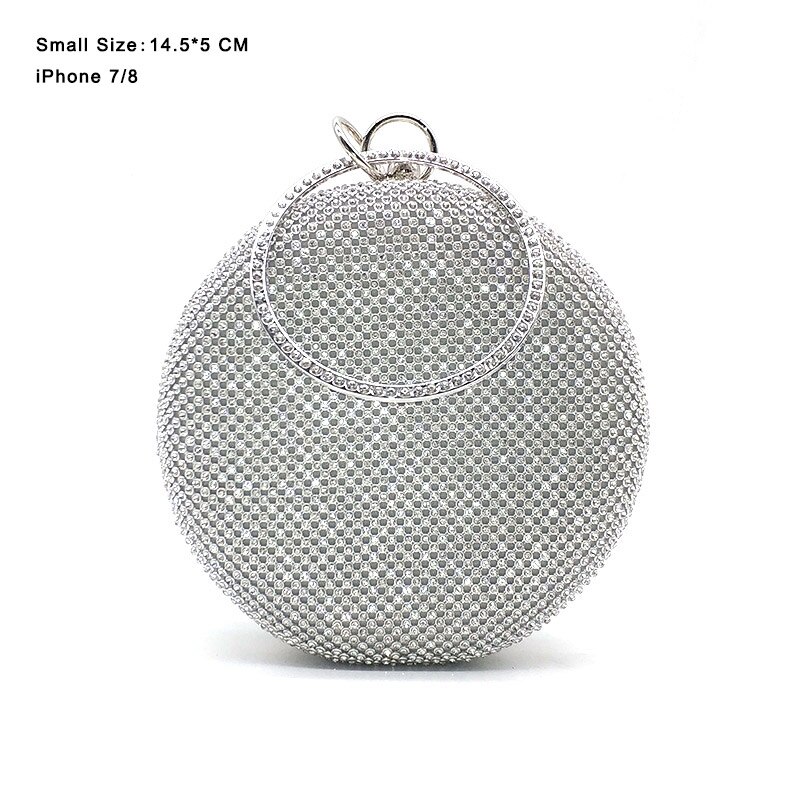 Crystal bag simple bridal wedding purse shining cross body bag women evening party crystal shoulder bag diamond circle round bag: Small Silver