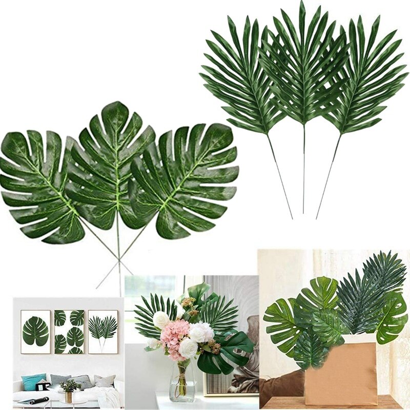 48 stk falske palmeblader og kunstige monstera-blader, tilbehør til hjemmebryllup-temafest grillbordbladdekorasjoner