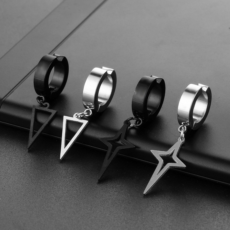 1 Uds. Pendientes Punk de acero inoxidable Unisex con Clip negro para hombre, pendientes colgantes con forma de estrella triangular geométrica, joyería gótica para mujer