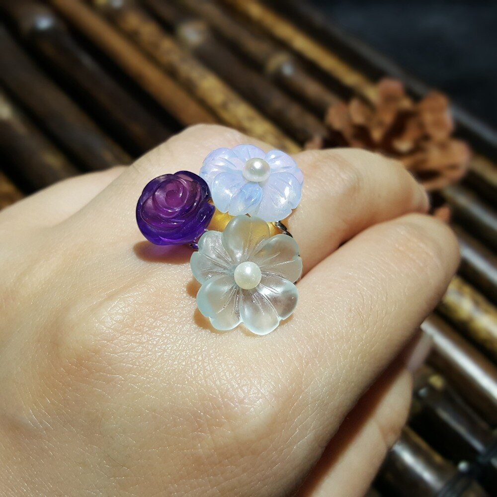 LiiJi Unico 925 Sterling Silver Ametista Rosa, Blu di Cristallo Acquamarina, opal Cristallo Del Fiore Della Perla Anello per Le Donne Ragazze Regalo