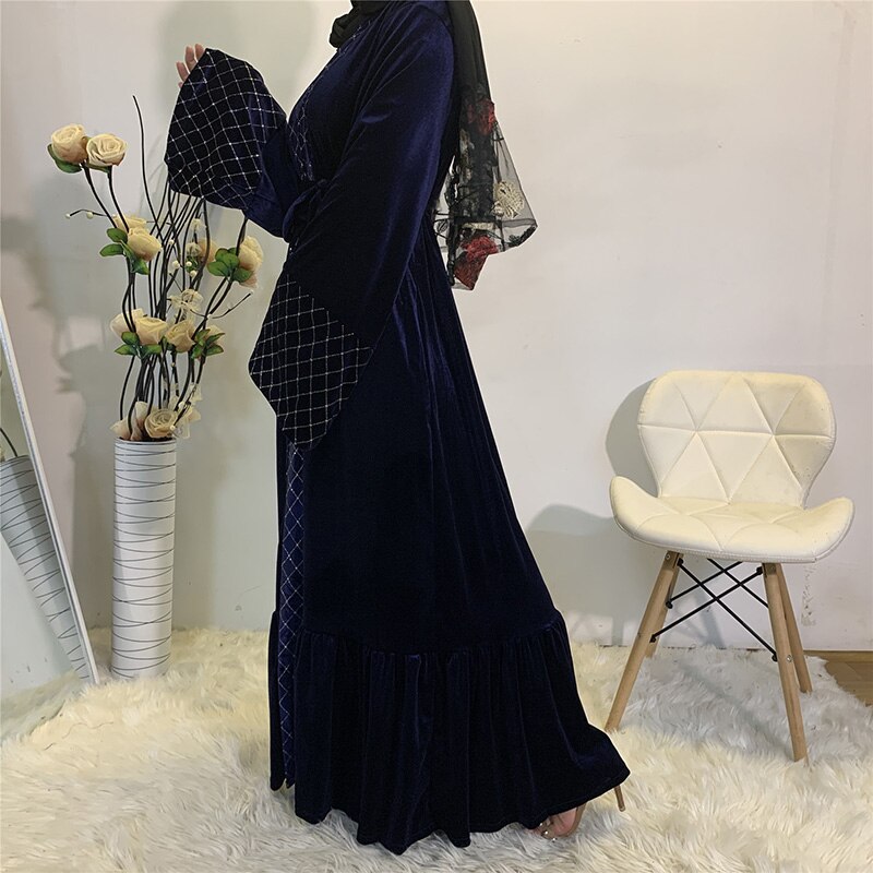 Ankomster gyllene sammet öppen front abaya kimono kvinnor muslimsk klänning blygsam slitage dubai kalkon ren abaya duster kofta