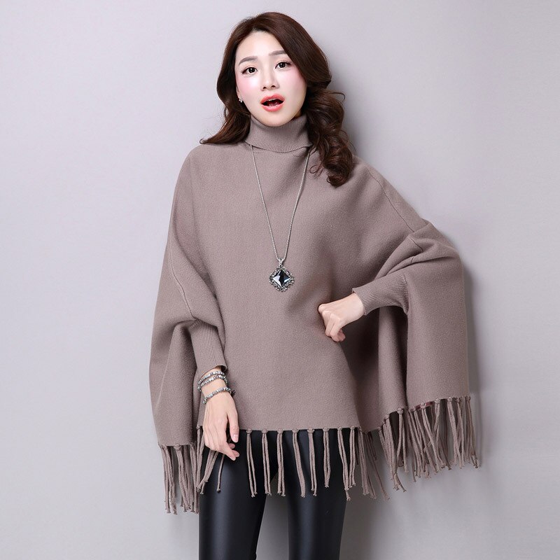 Pull cape à col roulé pour femme, pull ample à pompons, manches chauve-souris, couleur unie, vêtements pour femmes: Rose