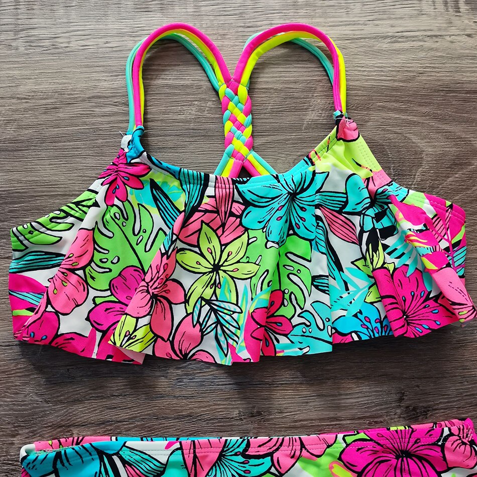 5-18 Years Girl Swimsuit Tropical Plant&Flower Teenage Girl Bikini Set Two Piece Children's Swimwear Young Girls Bathing Suit