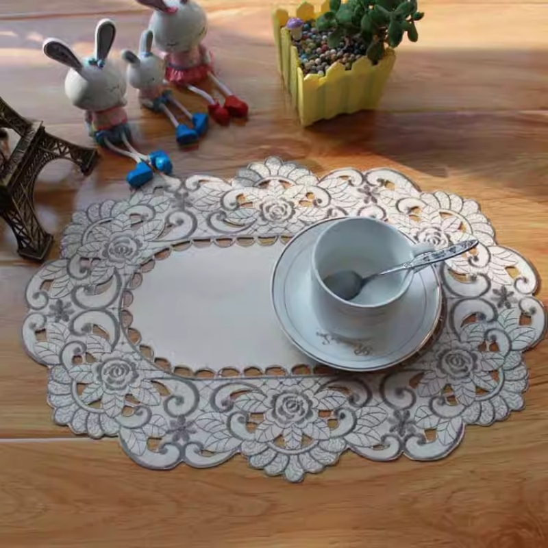 Tapete de mesa rectangular hueco bordado de tela moderno, posavasos, juego de té, cesta de flores, decoración de bar para de boda