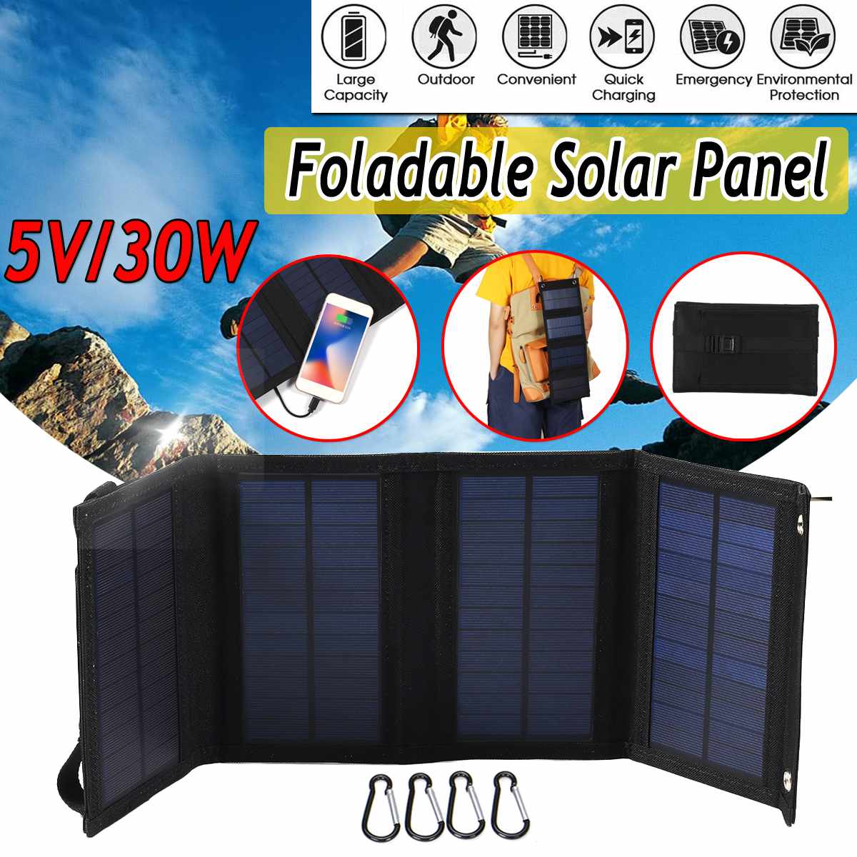 Foldable Solar Panel Charger Portable Solar Power Bank Backpack Camping Hiking Solar Panel Kit for phone with USB Port 30W
