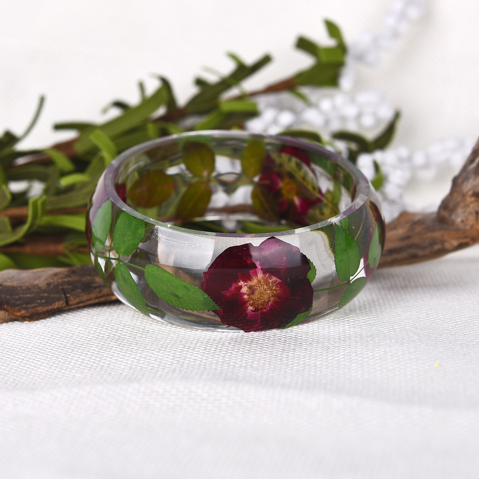 , brazalete de rosa de resina a la , pulsera de hoja verde, pulsera hecha a mano con flores secas reales, joyería transparente para niñas