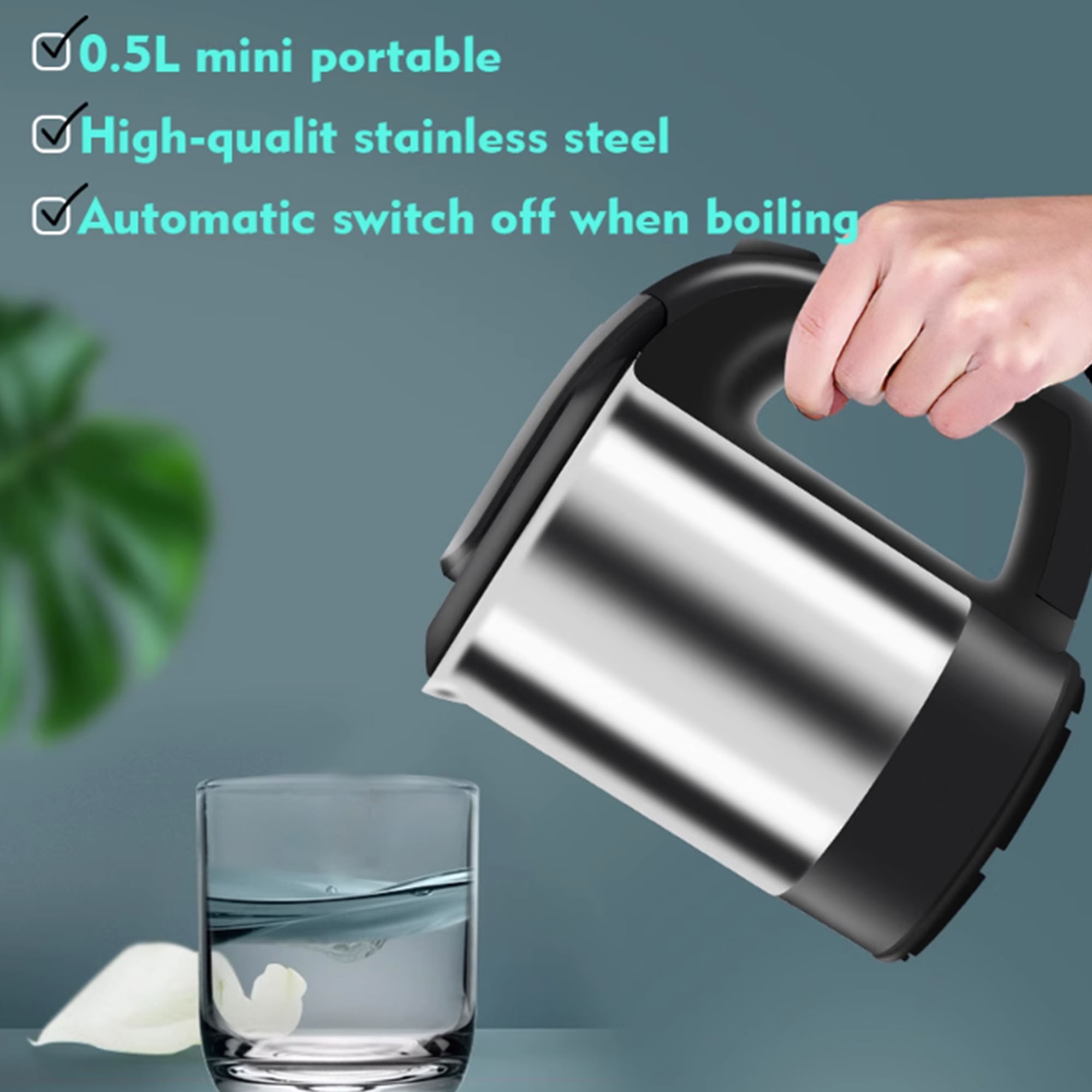 Mini bouilloire électrique portable en acier inoxydable, bouilloire à thé et à café, pot à eau de voyage, hôtel et voyage en famille, 600W, 0,5 l