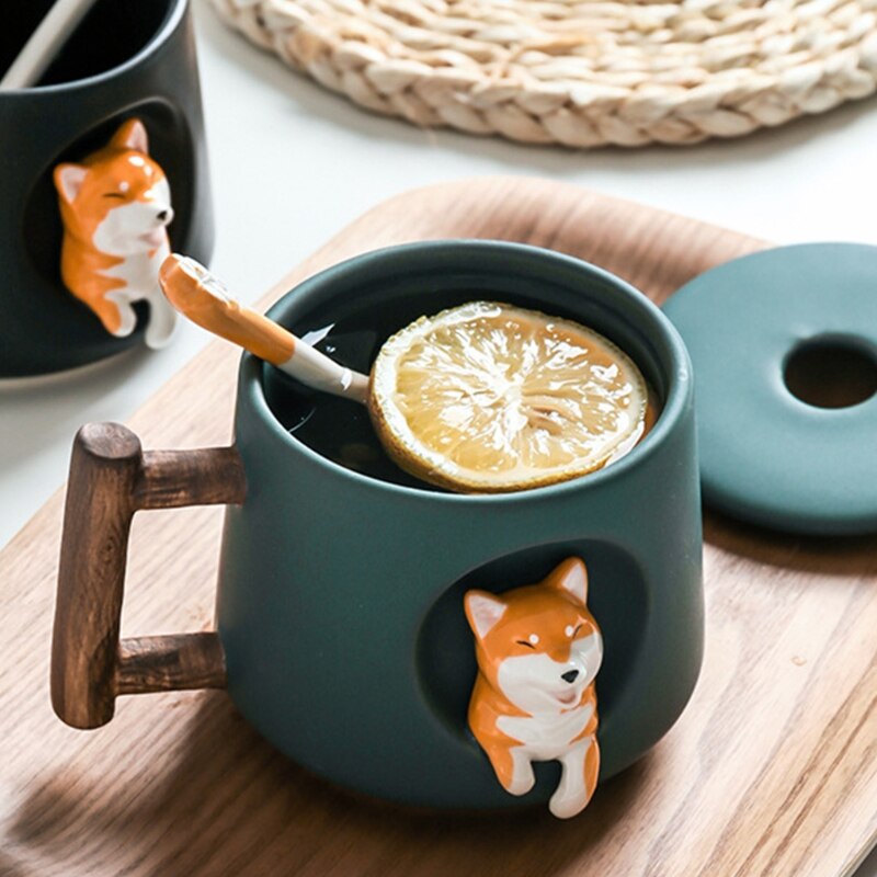 Taza de cerámica con dibujos de animales Shiba Inu para hombre y mujer, creativa, pareja con tapa, cuchara para beber, taza de agua café