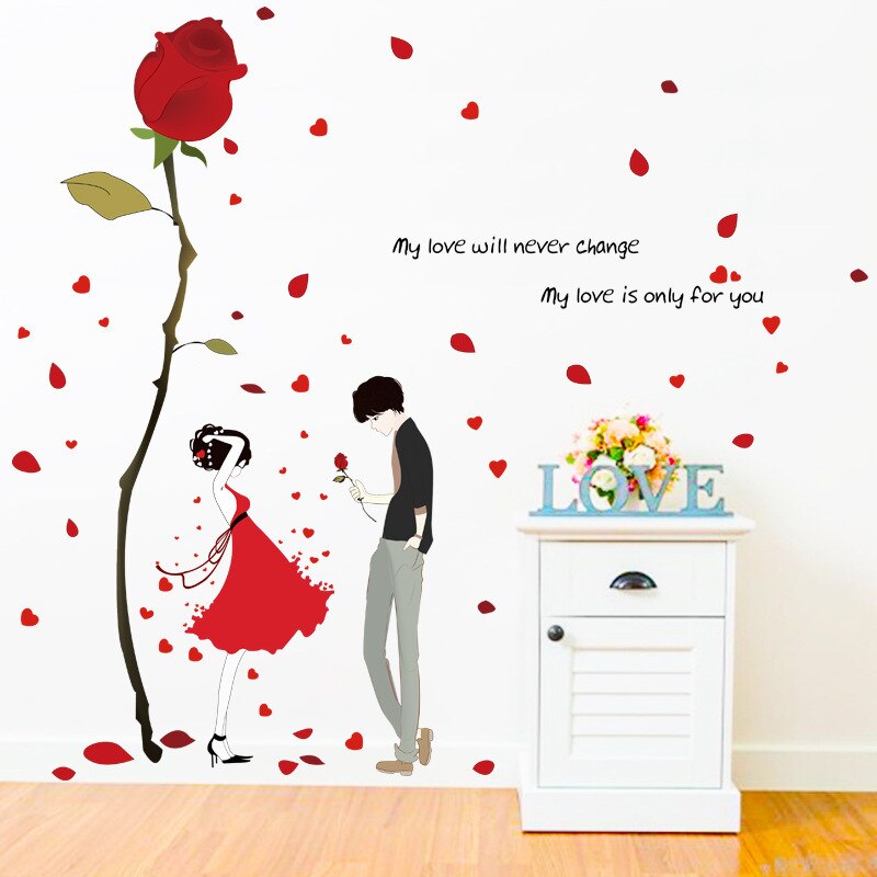 Romantic Rose Flowers Wall Stickers for Couple Bedroom Living Room Home Decoration Self-adhesive Wallpaper PVC Decals Poster