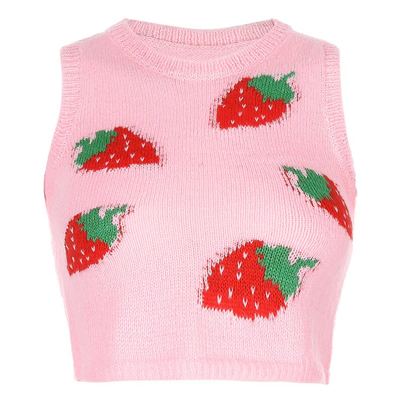 Gilet Tricot Fraise - Style Y2k Sans Manches - Top Court Col Rond: Rose / S