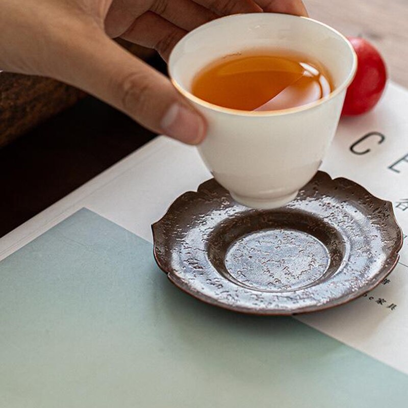 Bandeja de té de cobre rojo antiguo hecha a mano, portavasos Retro, accesorios de té, posavasos para taza de té