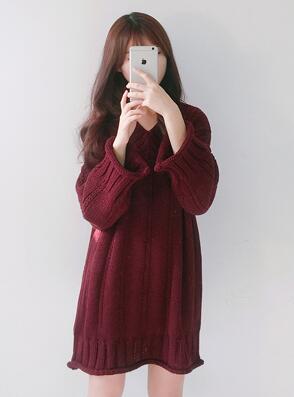 Women Kawaii Spring And Autumn V-Neck Long-Sleeve Knitted Beach Dress Female Korean Harajuku Dress For Women: Red