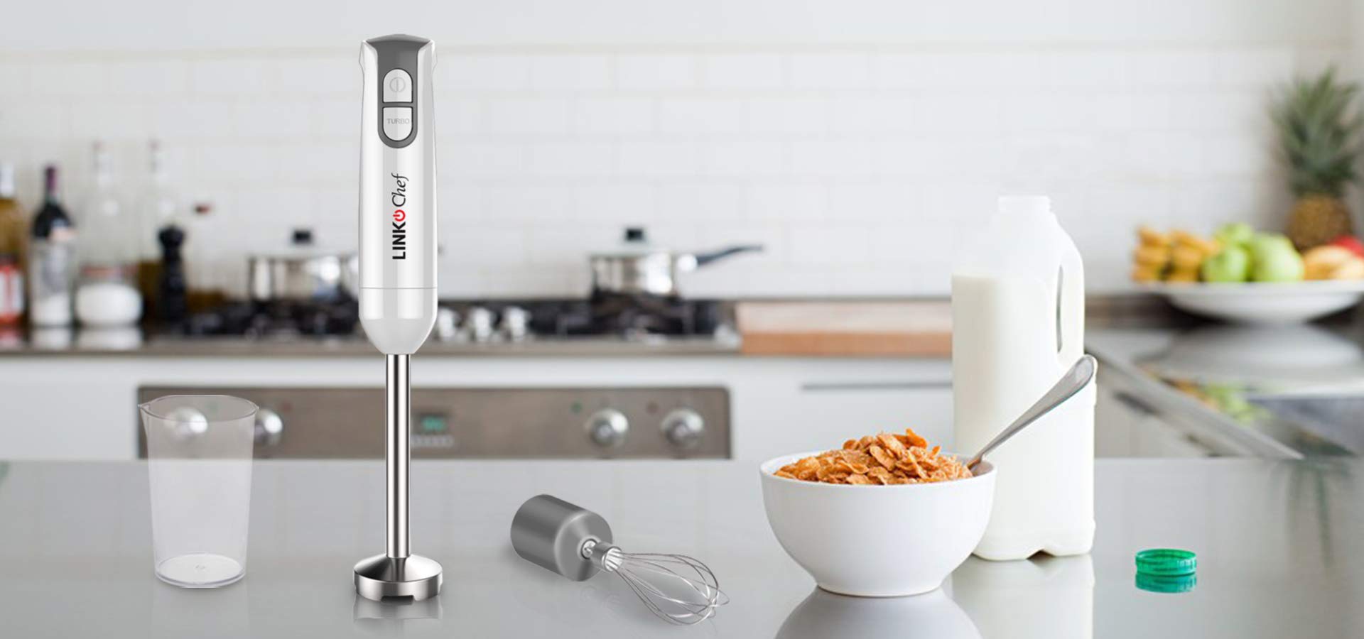 Hand Blender with Beaker Whisk Kitchen Mixer Vegetable Fruit Stirring 400 W 2 Speed Stainless Steel Blades White Grey