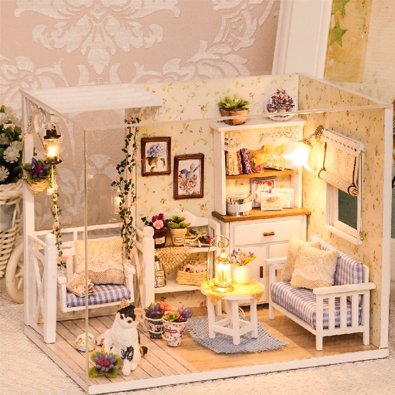 Poppenhuis Meubels Diy Miniatuur 3D Houten Miniaturas Poppenhuis Speelgoed Voor Kinderen Verjaardagscadeautjes Casa Kitten Dagboek H013