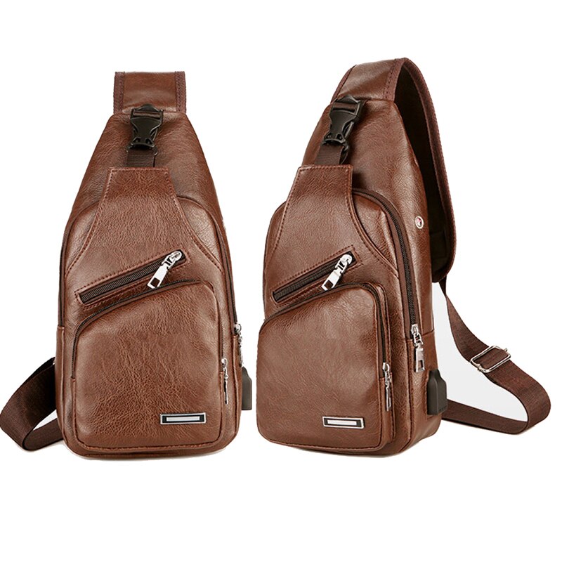 Bolsos de hombro para hombres nueva de Color sólido Casual hombro pecho bolsa de Estuche de transporte de carga USB: light brown