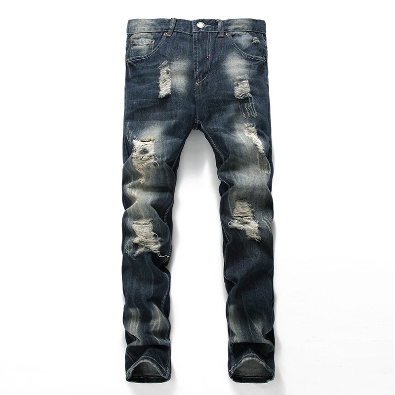 HMILY Ripped Biker Jeans Mens Distressed Denim Pants Man Torn Patches Stretch Jeans Men Blue Color Trousers: 35