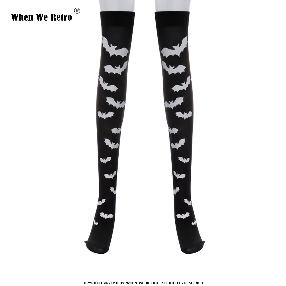 Wanneer we retro halloween skelet lange kniekousen kostuum vleermuis stippen print halloween cosplay zachte kous  qy0602