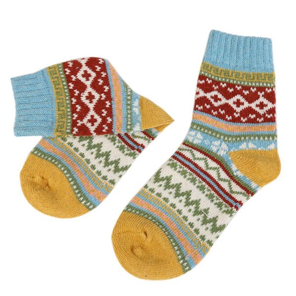 Efterår vinter tykkere varme kvinders sokker søde farverige multi mønster uld blander retro kunst stil kashmir hjemme gulv sok: L