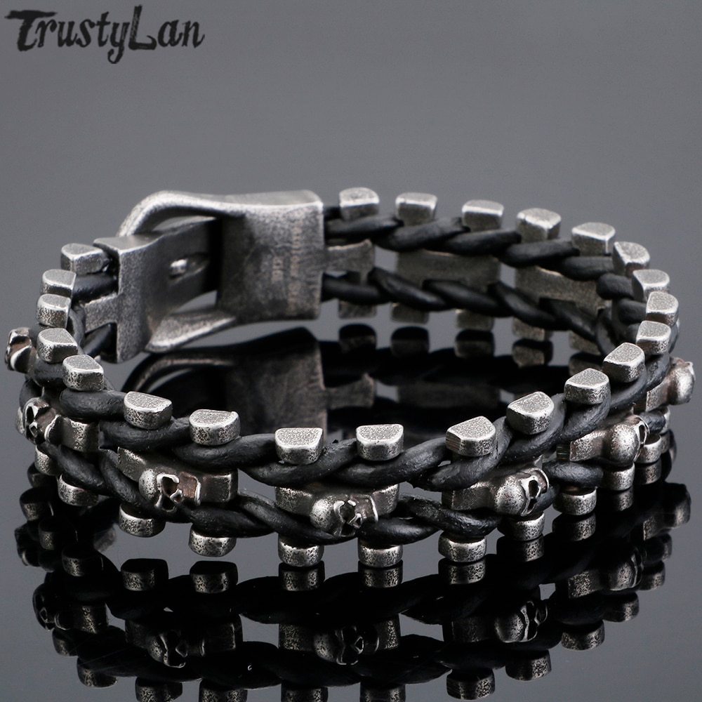 Pulseras del calavera de acero inoxidable para hombre, Ghost Head, pulsera de cuero Hombre con hebilla de cinturón, accesorio de joyería