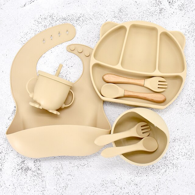 8PC Baby Silicone Sucker Plate Bowl Cup Spoon Fork Placemat Sets Food Grade Children&#39;s Compartment Training Dishes With Sucker: Panda Beige