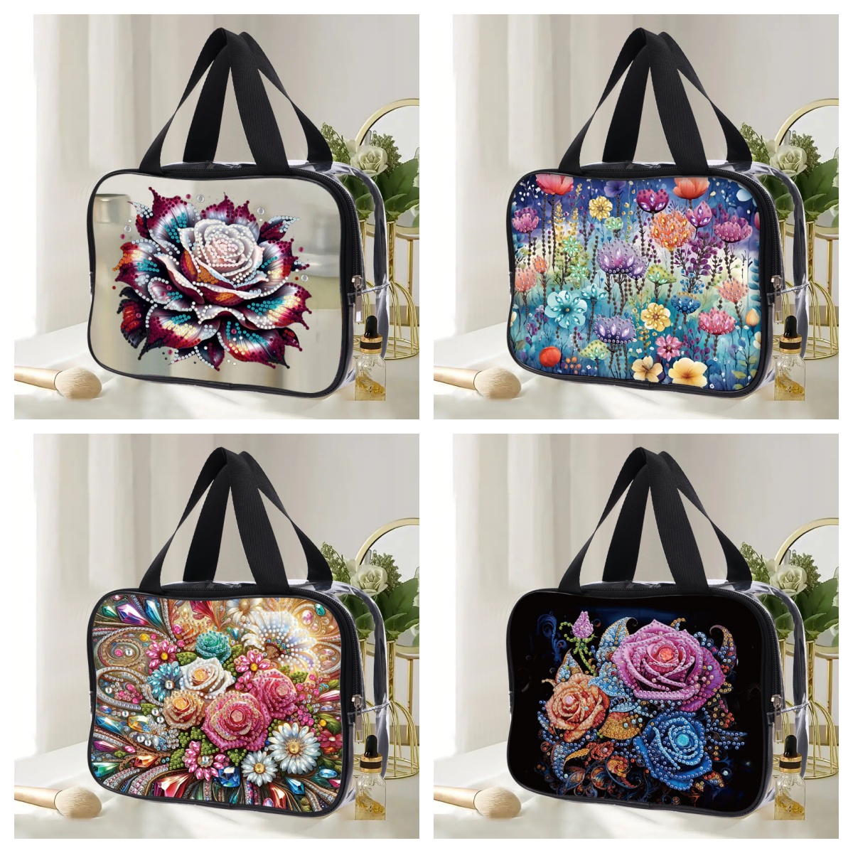 Bolsa de cosméticos con pintura de diamantes de flores DIY para adultos, bolsos de plástico transparente de PVC, bolsas de maquillaje transparentes para viaje, 1 ud.