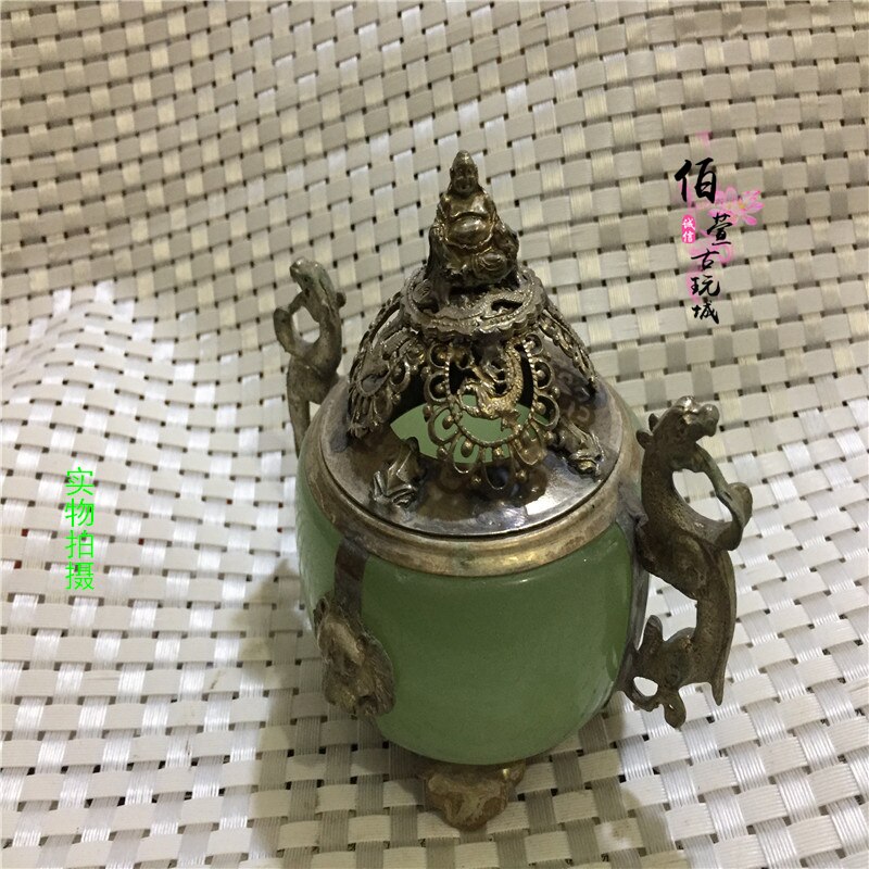 Antiek Wit Koper Miao Zilver Ingelegd Jade Wierookbrander Zilveren Glimlach Boeddha Wierookbrander Ornament