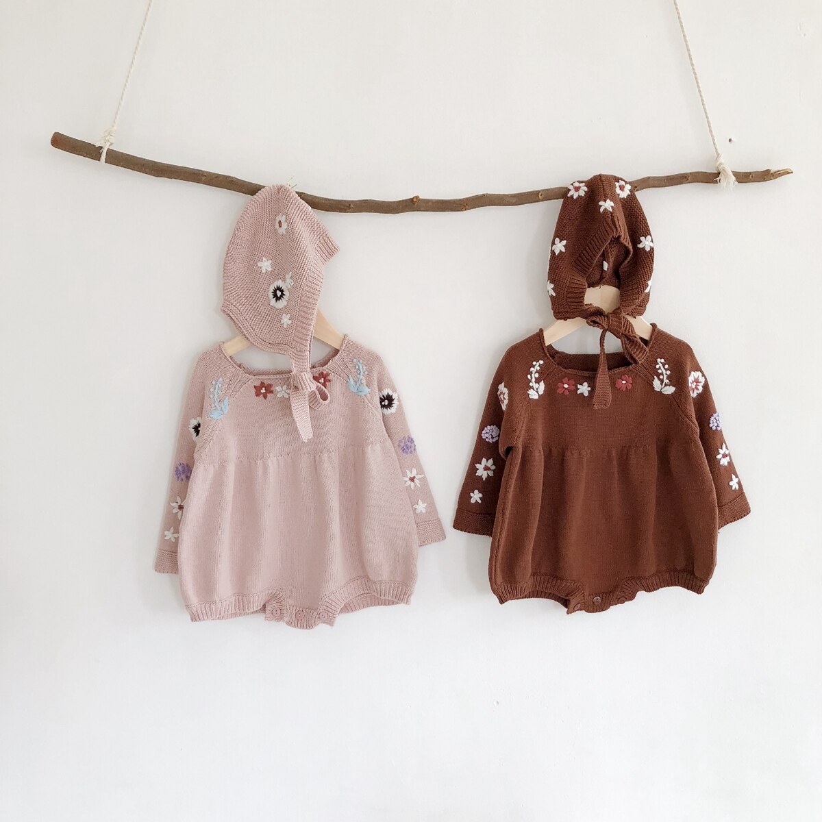 0-2y bebê meninas camisola de malha bodysuit 2020 outono bonito bordado flor manga longa uma peça conjunto bodycon com gorro bonés