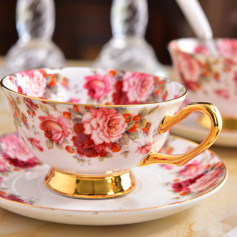 GLLead-tazas de café de cerámica con de flor rosa, juego de Taza de té y platillo de porcelana China, taza de porcelana de europea, bonito