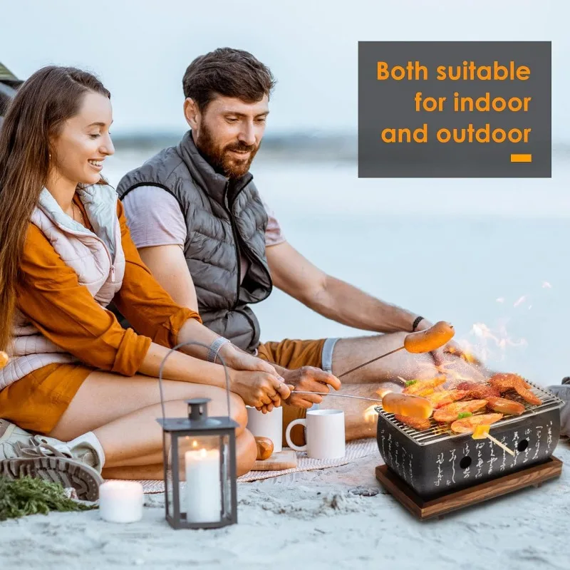 Japanese Style BBQ Grill Portable Barbecue Stove Aluminium Household Charcoal Grill with Wire Mesh Wooden Base Barbecue Tools