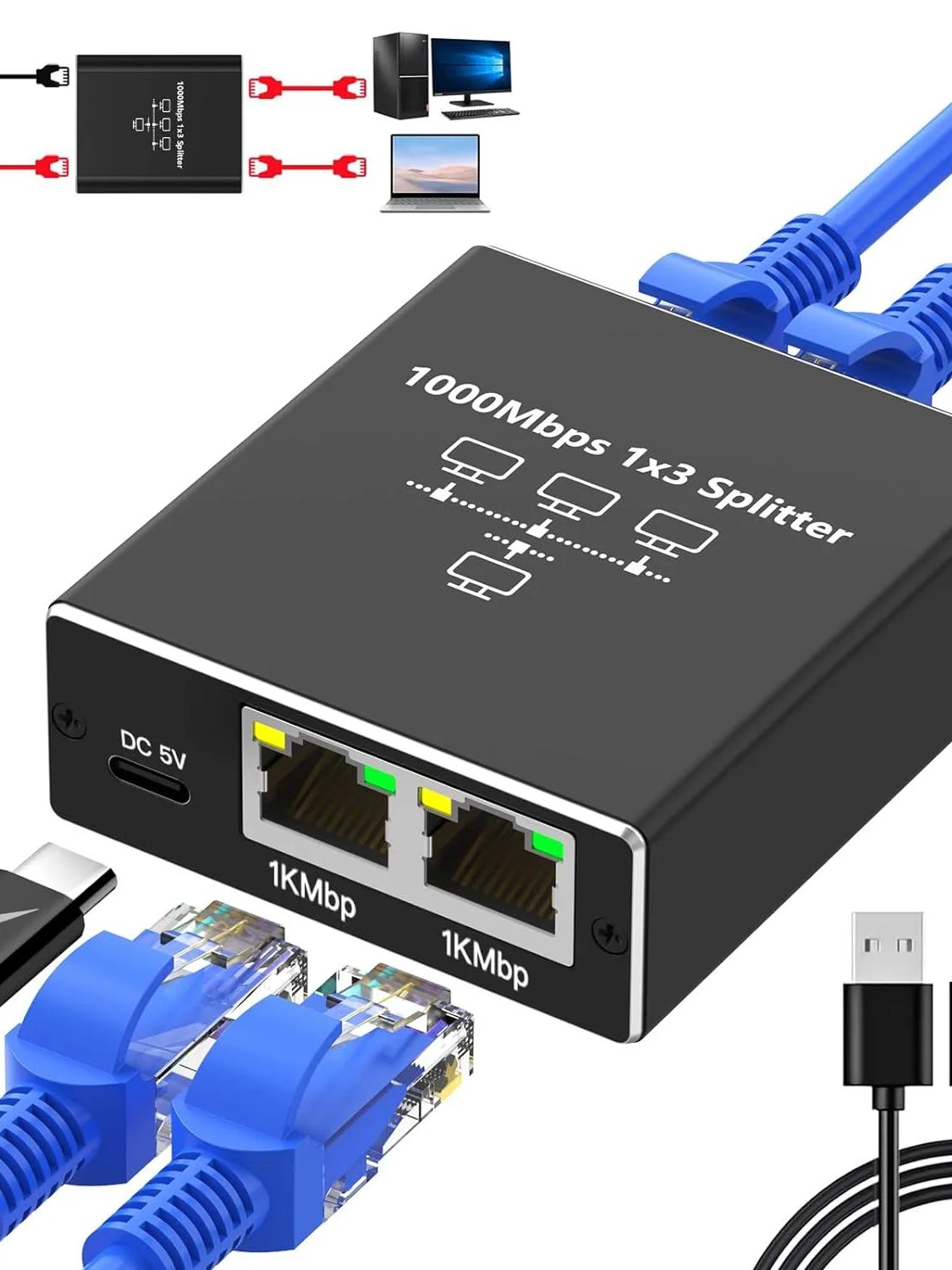 Extender Plug Estensione Splitter di rete Hub 1000Mbps Adattatore RJ45 da 1 a 2 Convertitore Gigabit Internet Ethernet 8P8C Set-Top