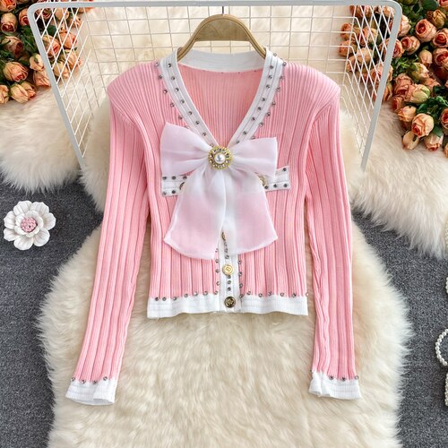 Gebreide Vest Vrouw Truien Lange Mouw Trui Vrouwen Pailletten Vlinder Uitloper Breien Vesten: Roze