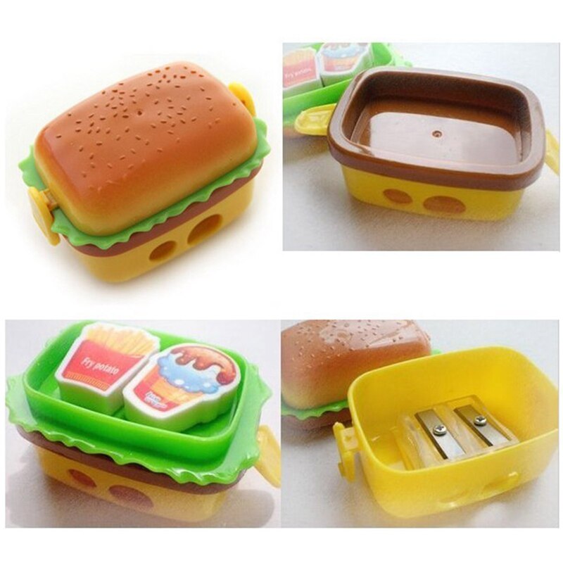 Sacapuntas con forma de hamburguesa de 2 orificios con dos gomas/borrador cuchillo de lápiz escolar para niños suministros de papelería