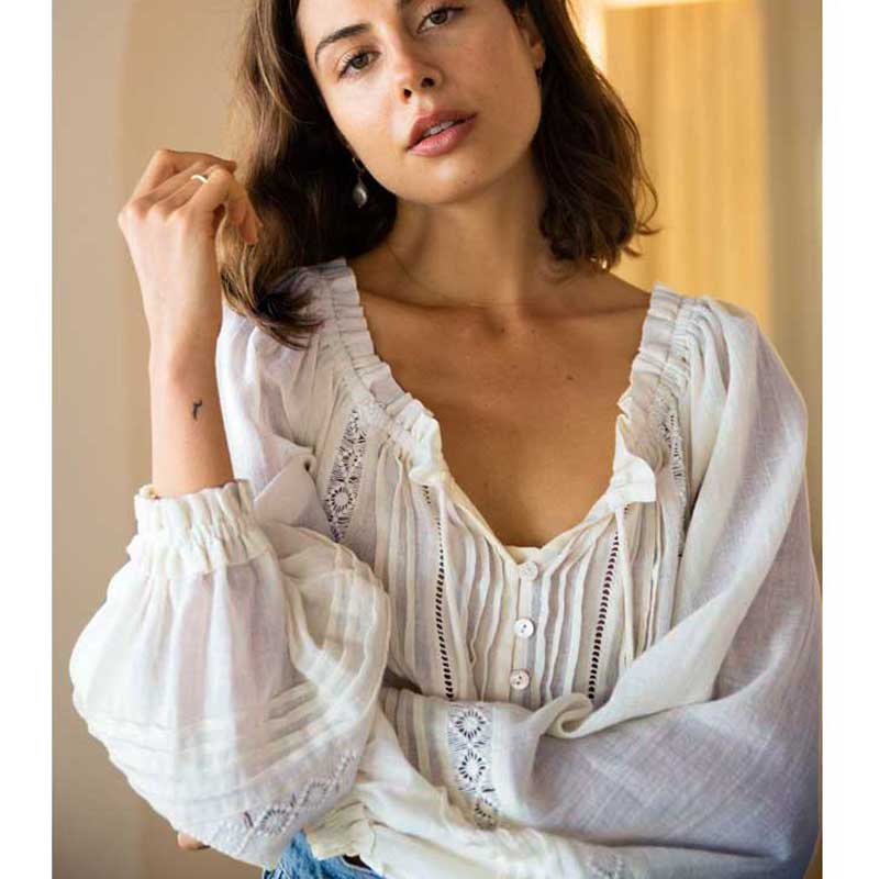 Boho Inspiriert gekräuselte weiße bluse frauen langarm V-ausschnitt tasten lässig bluse Shirt frühling sommer Spitzen boho Strand Spitzen