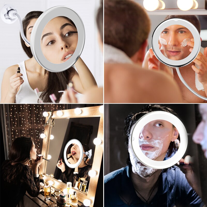 LED 10X Magnifying Vanity Mirror Adjustable 360-Degree Rotating Flexible Sucker